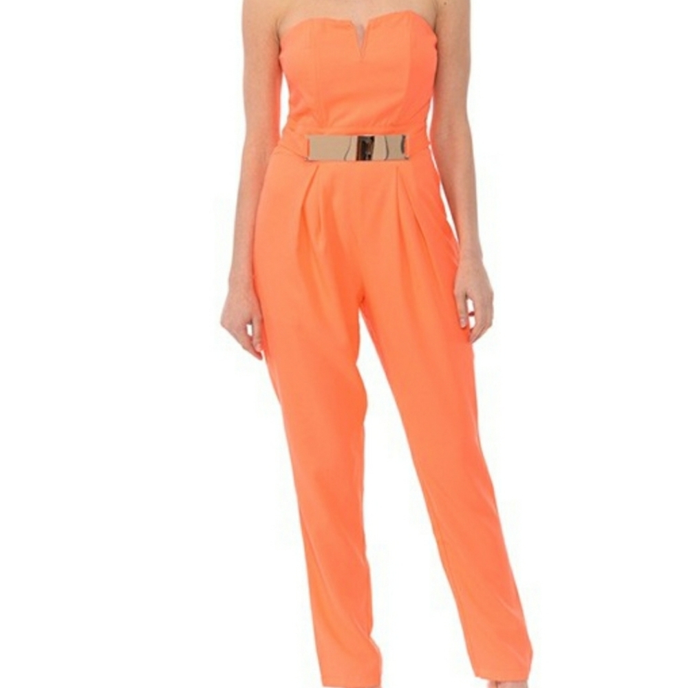 Strapless Jumpsuit with Belt Plate